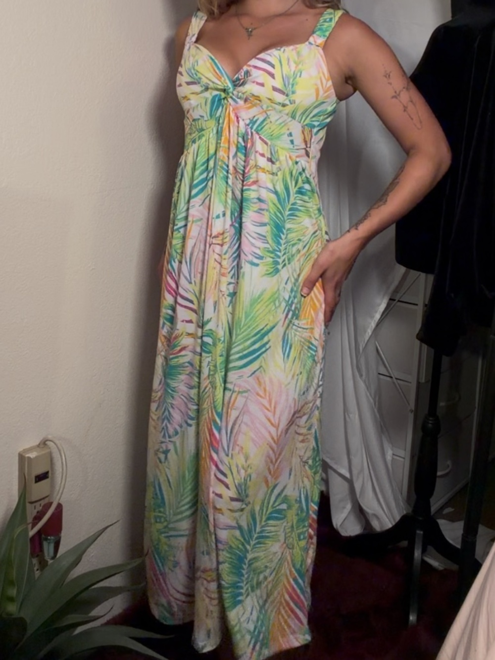 y2k green and white tropical padded maxi sundress